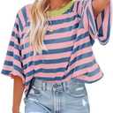 Dokotoo Tops for Women Striped 2025 Fashion T Shirts for Women Color Block Crewneck Design Loose Basic Tee Size L