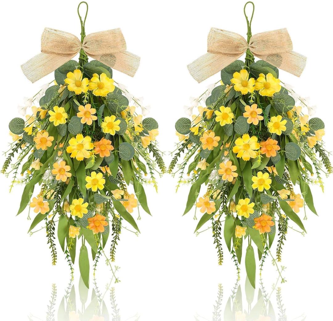 2 Pcs 24" Artificial Summer Flower Teardrop Swag for Front Door Spring Wreath Yellow Wild Daisy Swags Wreaths Floral Hanging Wreaths for Kitchen Cabinet Window Wall Wedding Party Home Decor