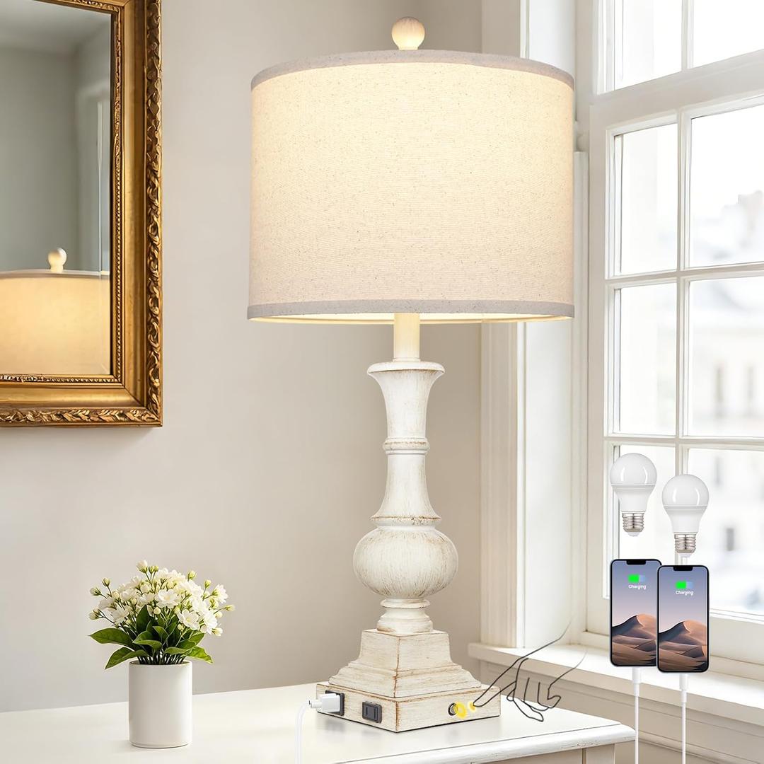 26" Tall Farmhouse Table Lamp for Living Room, Vintage Touch Control Bedside Lamp with USB A/C Charging Ports & AC Outlets, Rustic 3-Way Dimmable Nightstand Lamp for Bedroom End Table Antique White