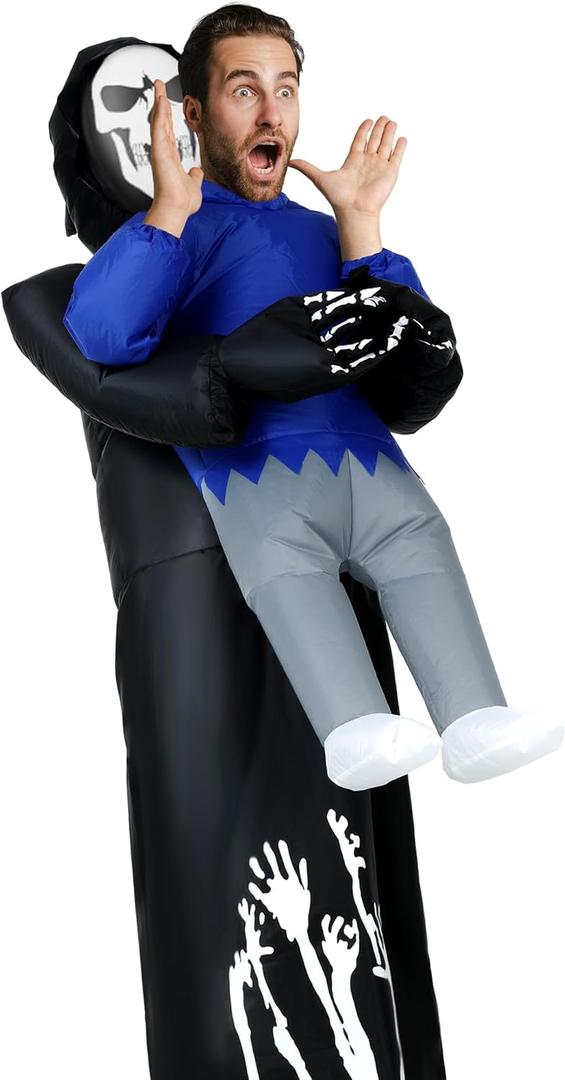 Leumoi Grim Reaper Inflatable Costume for Adult Halloween Funny Blow Grim Reaper Pick Me Up Ride On Costume Illusion Fancy Death Dress Outfit for Men Women Halloween Cosplay Party Supplies