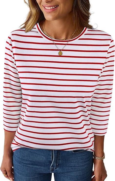 LilyCoco Womens 3/4 Length Sleeve Tops Striped Boatneck Shirt Breton French Cotton Tees M
