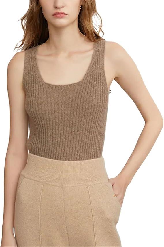 Women Ribbed Tanks Pure Cashmere Elastic Tank Top Cami Square Neck Knit Camis Feminine All-Match Camisole, Size S Taupe