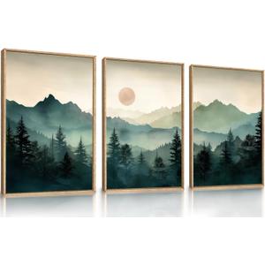 LHIUEM Large Boho Mountain Framed Wall Art Set,Green Foggy Forest Wall Painting,Abstract Nature Sunrise Artwork,Watercolor Pine Tree Wall Decor for Living Room,Bedroom,Office-16''x24''x3, Sunrise Mountain Wall Art