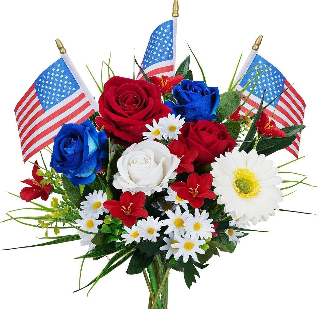 HUAESIN Memorial Day Flowers for Cemetery Artificial Cemetery Flowers for Grave Silk Red White and Blue Flower with Flags Patriotic Flowers for 4th of July Home Table Entryway Decor