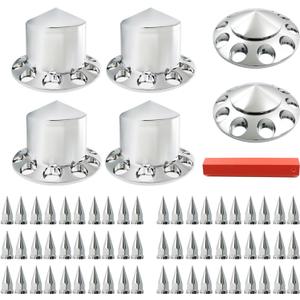 WFLNHB 2 Front and 4 Rear Complete Axle Wheel Cover Replacement for Semi Truck Chrome ABS Complete Axle Cover Set 33mm Screw-On Spiked Lug Nut Covers