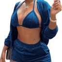 MOEENCN Women Sweatsuits Sets 3 Piece Outfits, Velvet Tracksuit Long Sleeve Hooded Zipper Jacket and Velvet Shorts Send Bra (Large, Dark Blue)