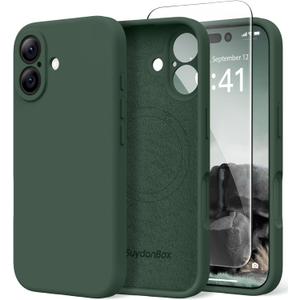 Magnetic for iPhone 16 Case, Compatible with MagSafe, [Screen Protector + Full Camera Protection], Silicone Shockproof Anti-Scratch Protective Phone Case for iPhone 16 6.1", Alpine Green