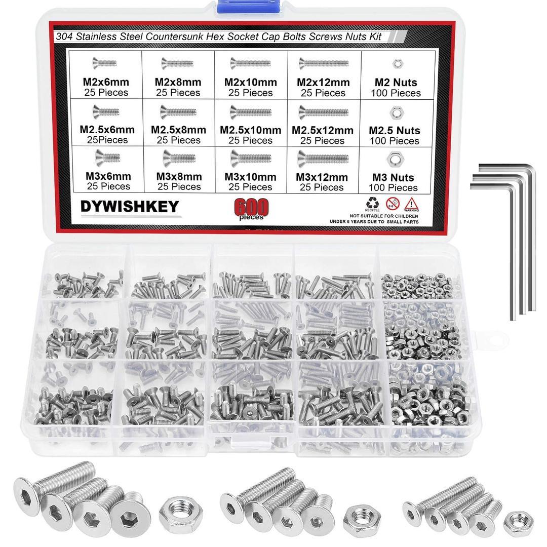 DYWISHKEY 600 PCS Metric M2 M2.5 M3, 304 Stainless Steel Flat Head Countersunk Socket Cap Bolts Screws Nuts Assortment Kit with Hex Wrenches