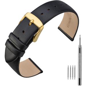 ANNEFIT Calfskin Leather Watch Straps 18mm, Thin Elegant Replacement Watch Band with Gold Buckle (Black)