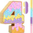Aoriher Summer Birthday Piata Ice Cream Game Set Summer Number Piata with Bat Stick Blindfold Mask Confetti for Sundae Theme Birthday Baby Shower Party Game Supplies Decor(Number 4)