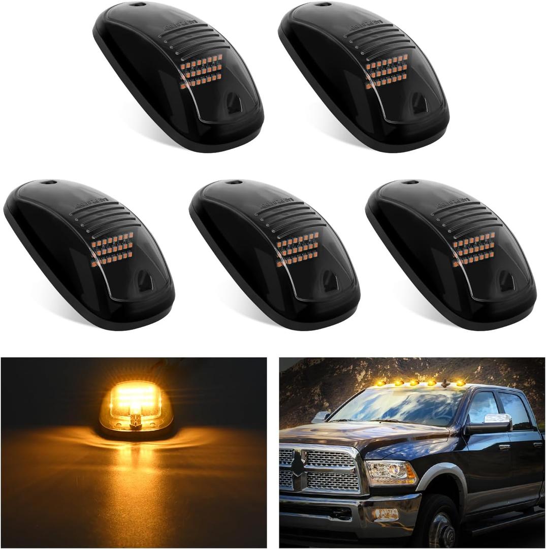Nilight LED Cab Marker Lights 5 PCS 24 LED Smoke Lens Amber Clearance Roof Running Light Compatible with 2003-2018 Dodge Ram 1500 2500 3500 Pickup Trucks