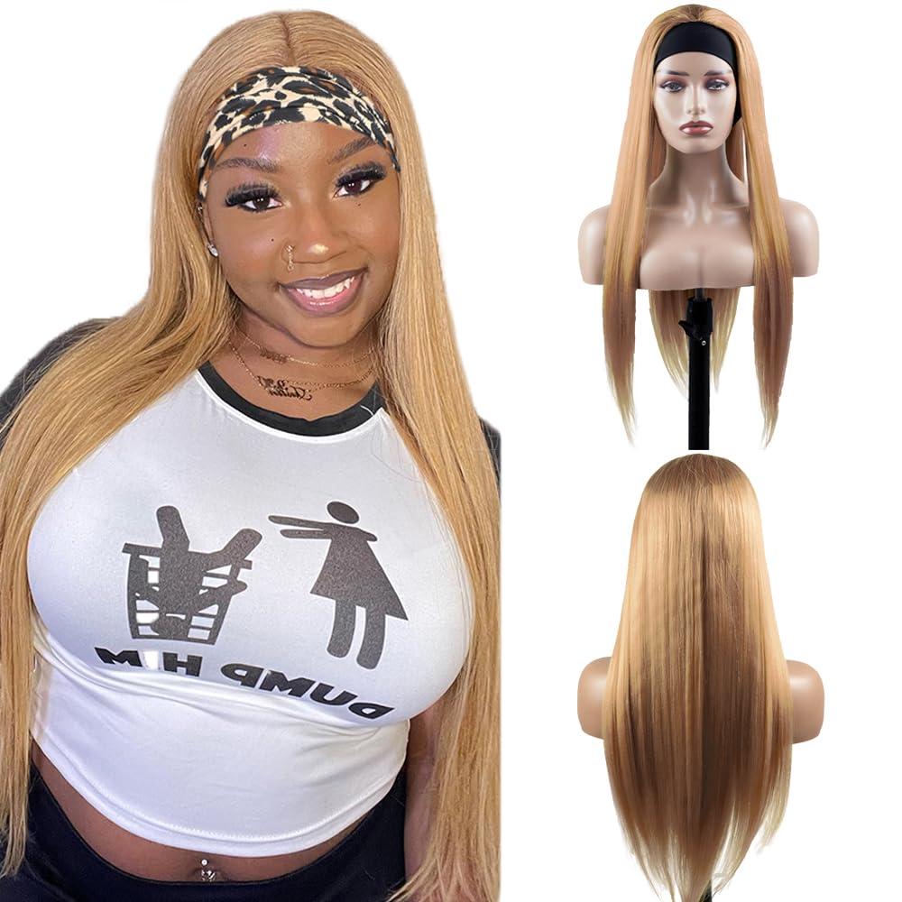 22 Inch #27 Honey Blonde Headband Wigs Human Hair Straight Wigs for Black Women Brazilian Virgin Hair Glueless None Lace Front Half Wig Wear and Go Blonde Headband Wigs Human Hair