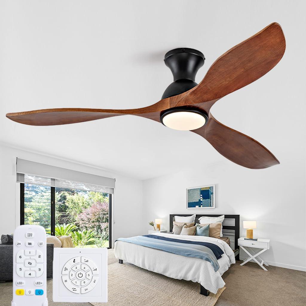 52 Inch Low Profile Ceiling Fans with Lights and Remote, Flush Mount Wood 3 Blade Ceiling Fan,Dimmable,Quiet Noiseless DC Motor for Patios,Living Room,Bedroom(Wall Control Switch)