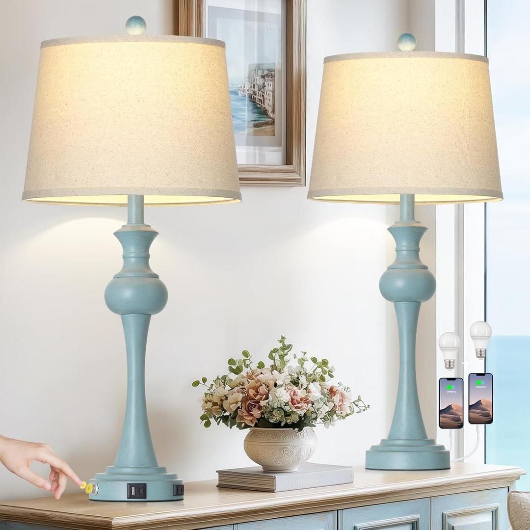 29" Coastal Table Lamp Set of 2, 3-Way Dimmable Touch-Control Bedside Lamps with USB-A+C Ports, Vintage Farmhouse Nightstand Lamps for Bedroom, Retro Blue (Includes 2 LED Bulbs)
