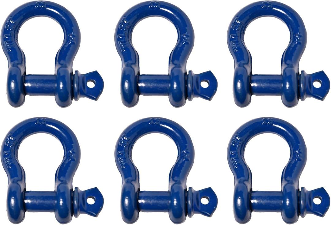6 Pack Blue Hi-Gear Rigging 1/2" Bow Shackles D Ring Rugged 10 Ton 22,000 Lbs Breaking Strength, WLL 2 Ton 4400 lbs w 5/8'' Pin Clevis Screw Heavy Duty f Marine Boat Anchor ATV UTV Recovery