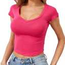 OFSOAK Womens Crop Tops V Neck Short Sleeve Summer Basic Tees Fitted Plain Soft T Shirts Trendy Going Out Y2K Tops, Pink, Medium