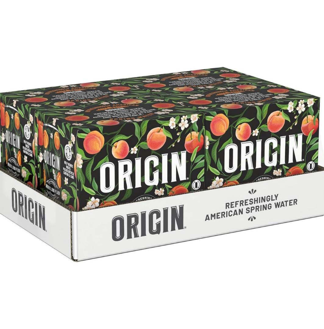 Origin Organic Non-GMO Peach Flavor Sparkling Water, 12 Fl Oz, 4 Pack, EXP 10-31-2025
