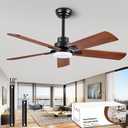 52" Lighted Ceiling Fan, Solid Wood Ceiling Fan, with Remote Control and DC Motor, 5 Blades, Suitable for Living Rooms, Bedrooms, Farmhouses, Hallways, Indoor and Outdoor Ceiling Fans - Black + Walnut