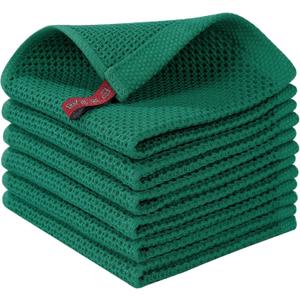 Homaxy 100% Cotton Waffle Weave Kitchen Dish Cloths, Ultra Soft Absorbent Quick Drying Dish Towels, 12 x 12 Inches, 6-Pack, Dark Green