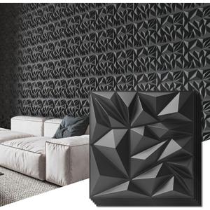Art3d 50-Pack 3D Wall Panels for Interior Wall Decor, Modern Diamond Textured Accent Wall Paneling for Gaming Living Room TV Wall Background, 12 x 12 inch Black