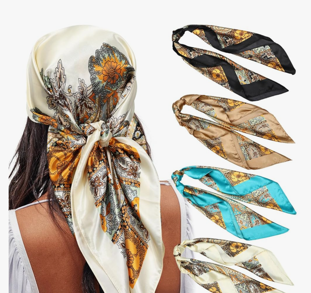 AWAYTR 35” Satin Large Square Head Scarves - 4PCS Silk Like Neck Scarf Hair Sleeping Wraps Satin Silk Scarfs for Women