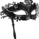 Hoshin Masquerade Mask with Stick, Mardi Gras Deecorations Venetian Masks for Womens (Black)