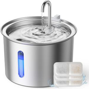oneisall Stainless Steel Cat Water Fountain, 2L Water Fountains for Cats Indoor with Quiet Pump and 3 Replacement Filters, Pet Water Fountain Faucet Spout Design Cat Fountain Drinking Inside, PWF 001