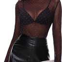 BBX Lephsnt Womens Sheer Mesh Layering Top Sparkle Long Sleeve Shirts Mock Neck See Through Tee Shirt (Black, S)