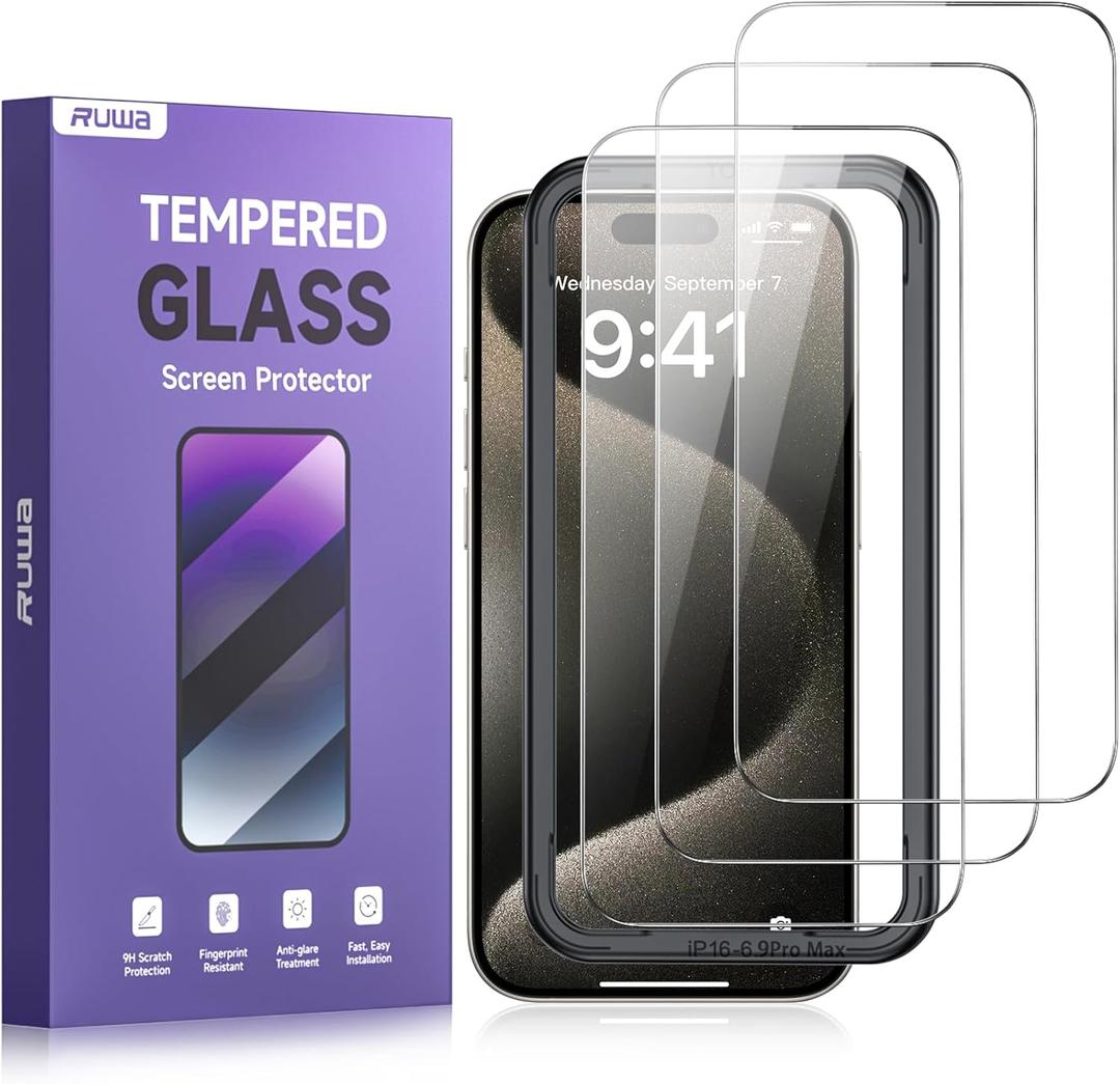 ruwa Screen Protector for iPhone 16 Pro Max [3-Pack] Tempered Glass Film with Easy Installation Frame, Ultra HD, 9H Hardness, Scratch Resistant, Case Friendly