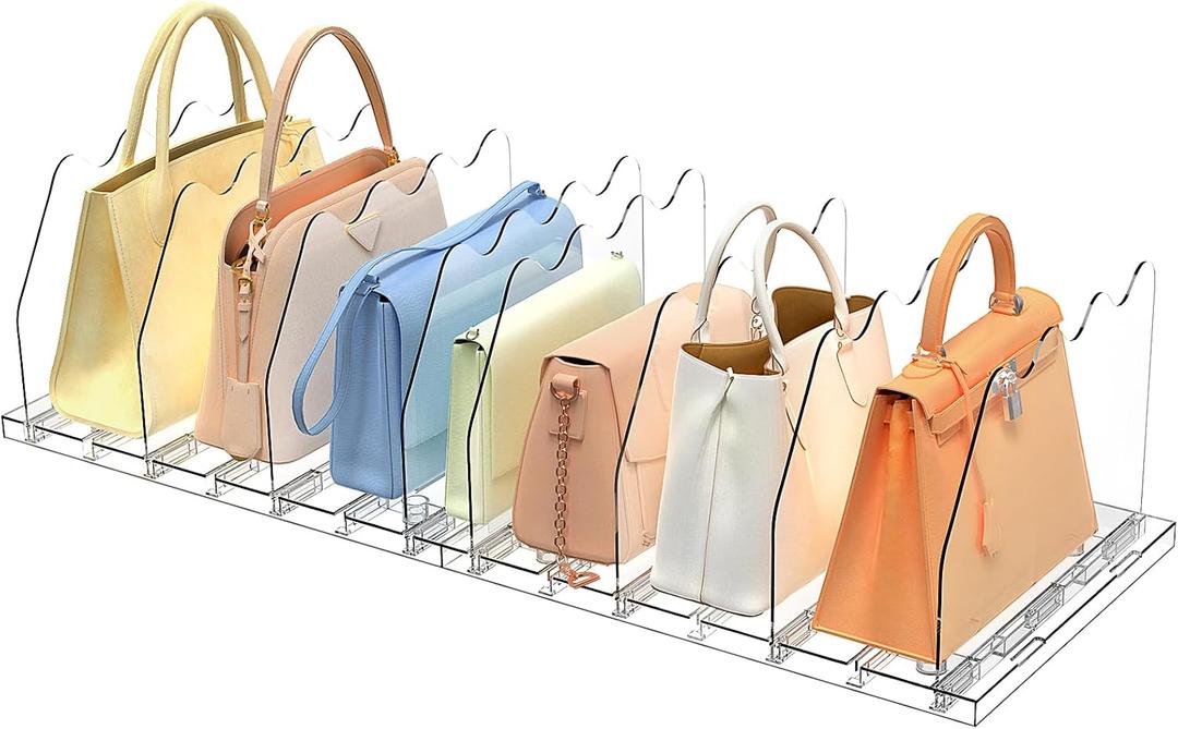 SOYO Adjustable Clear Purse Organizers for Closet, Acrylic Shelf Divider for Bag and Purse Storage, Clear Pocketbook and Handbag Organizer, Bookshelf Separator Organizers for House, Office Use, Clear