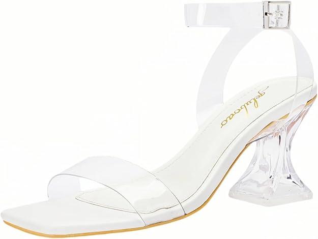 Clear Heels for Women Chunky Heel Sexy Open Square Toe Clear Ankle Strap Block Low Heeled Sandals, Size 7