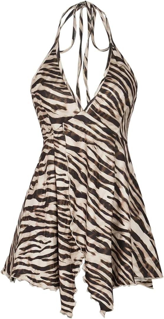 Milumia Women's Zebra Print Halter Top Y2k Deep V Neck Sleeveless Ruffle Hem Cami Tops (Large, Multicolor)