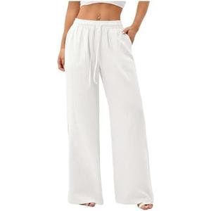 Women's Straight Wide Leg Pants Drawstring Waisted Casual Long Trousers with Pockets S
