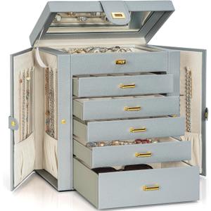 AKOZLIN Extra Large 6-Tier Jewelry Box Organizer Functional Huge, 5 Drawers Leather Jewelry Storage Case for Women Girls Ring Necklace Earring Bracelet Holder Organizer with Mirror Grey