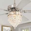 60 Inch Modern Farmhouse Fandelier Ceiling Fans with Lights, Brushed Nickel Crystal Ceiling Fan Chandelier, 6 Speeds and Reversible, 3CCT, Indoor Ceiling Fan for Living Room Bedroom Kitchen