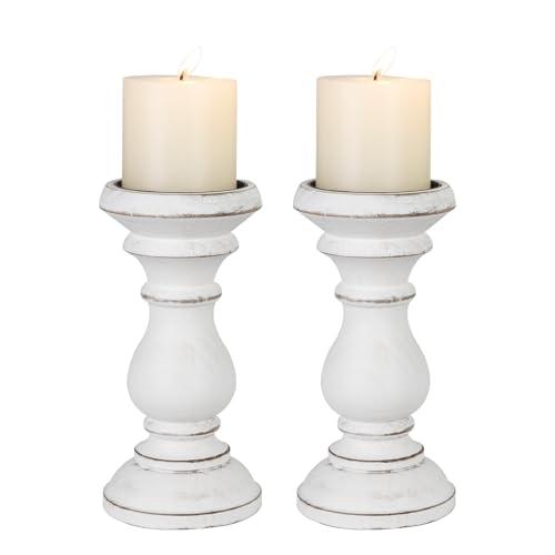 Candle Holder for Pillar Candle Set of 2, Farmhouse Wood Candle Holder, Rustic Wooden Candle Stand, Vintage Wooden Candlestick Holders Decorative for Living Room, Table Centerpiece, Antique White