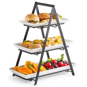 YHOSSEUN 3 Tier Serving Tray Tiered Tray Stand, Ceramic Serving Platters and Trays with Metal Rack, 10+12+14 Inch Large Serving Trays for Party 3 Tier Serving Stand Dessert Display Set, Black
