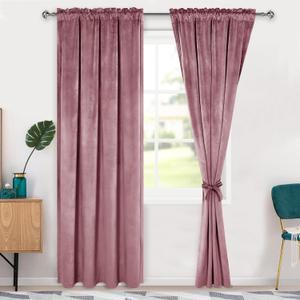 Hiasan Velvet Curtains 84 inches-Blackout Thermal Insulated Solid Soft Curtains for Bedroom Living Room Rod Pocket Room Darkening 2 Panels Window Drapes with Tiebacks, 42W x 84L, Wild Rose