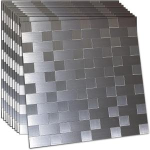 YMMXGE 10-Sheet Peel and Stick Backsplash TileSelf-Adhesive Metal Sticker  Brushed Aluminum Mosaic Tiles for Kitchen Bathroom, 12"x12" (10, Brushed Silver)