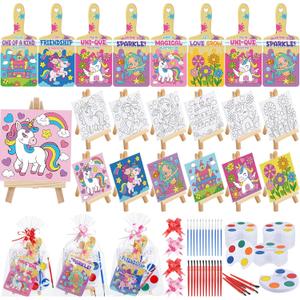 Pajean 24 Sets Valentines Day Gifts Watercolor Paint Set with Paintbrush Wooden Easel Mini Painting Canvas Panel Valentines Craft Exchange Gifts for Paint and Sip Supplies (Unicorn)