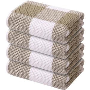 Mordimy 100% Cotton Waffle Weave Kitchen Towels, 13 x 28 Inches, Super Soft and Absorbent Buffalo Check Dish Towels for Drying Dishes, 4-Pack, Khaki & White