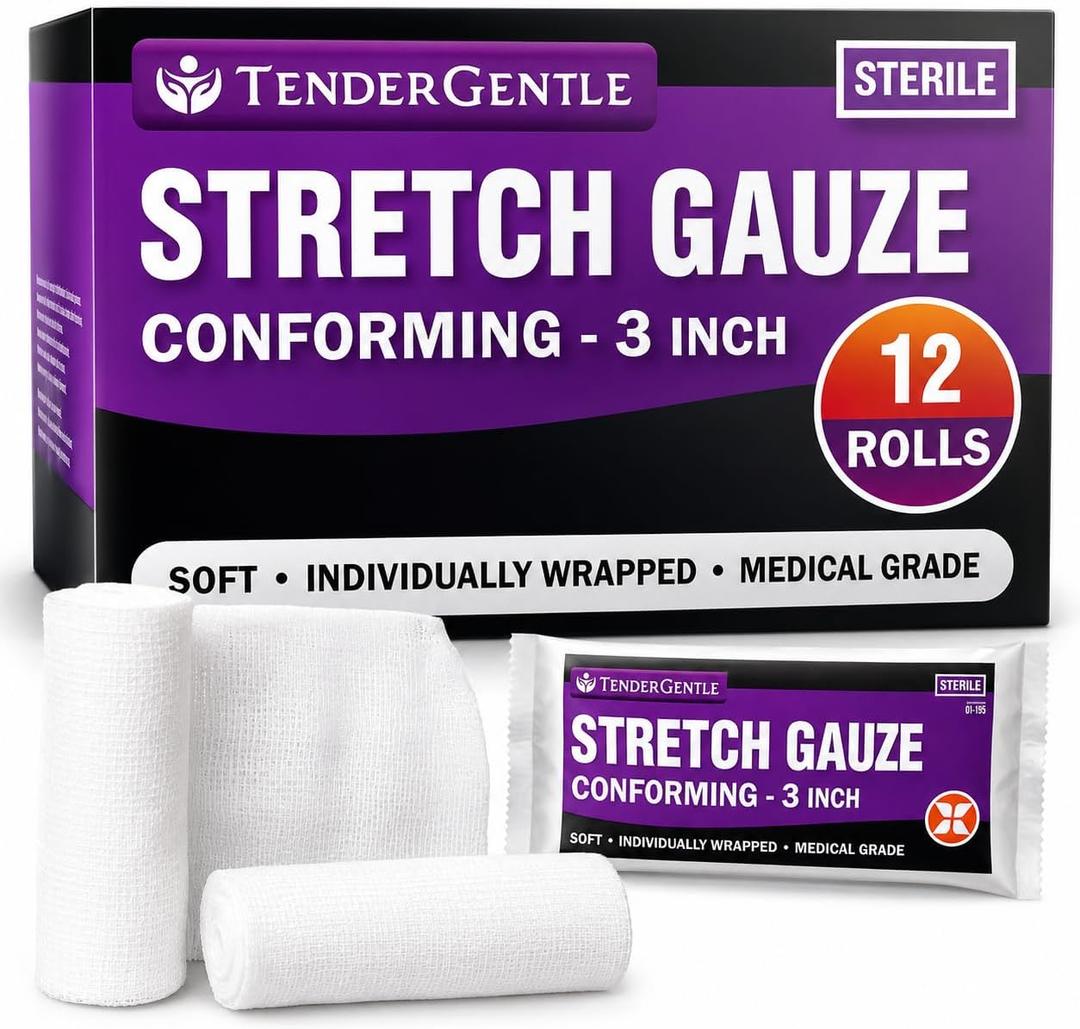 Conforming Stretch Gauze Rolls 3 Inch - Pack of 12 White Sterile Gauze Wrap for Wounds - Good for Sprained Ankles, Wrists, and More