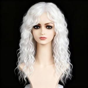 White Curly Wigs with Bangs for Women Long Soft Curly Wavy Wigs Natural Synthetic Hair Party Halloween Costume Cosplay Wigs