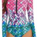 Women One Piece Long Sleeve Rash Guard UV Protection Surfing Swimsuit Swimwear Bathing Suit (Large, Mermaid Color)