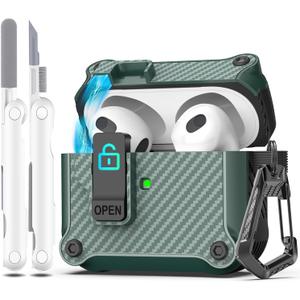 R-fun for AirPods 3rd Generation 2021 Charging Case Cover, Full Drop Protection Auto Pop-Up Lid Design for Apple Airpod 3 Gen Case with Cleaner Kit & Keychain,Fiber Pine Green
