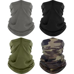 ROXUN 4 Pack Neck Gaiter, Cooling Breathable Face Mask UV Protection Scarf Hiking Bandana for Men/Women Black+Gray+Army Green+Camo