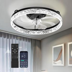 20 Inch Low Profile Ceiling Fans with Lights and Remote, Flush Mount Upgrade 7-Blade Ceiling Fan with Light, 3000K-6500K Dimmable Modern Fandelier Ceiling Fans for Bedroom, Diamond Black