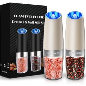 Sweet Alice Gravity Electric Pepper and Salt Grinder Set, Adjustable Coarseness, Battery Powered with LED Light, One Hand Automatic Operation, Khaki, 2 Pack (2.5*2.5*7.9inch)