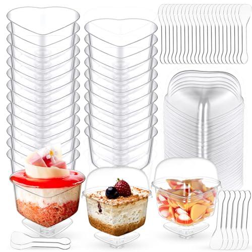 Hushee Valentine's Day Heart Shaped Parfait Cups Plastic Dessert Cups with Lids and Spoons 4oz Custard Fruit Bowls Disposable for Wedding Bridal Shower Party