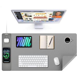 TopMade Mouse Pad with 15W Wireless Charging, XXL Large Leather Desk Mat, Waterproof Gaming Mousepad Home Office Desk Pad Protector, Computer Keyboard Pad, Mouse Mat for MacBook, PC, Laptop, Gray